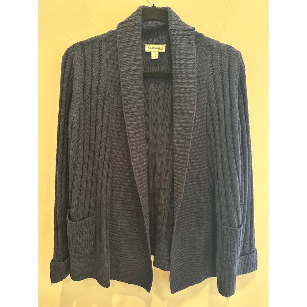 St Johns Bay Womens Navy Blue Ribbed Shawl Collar Open Front Cardigan PM